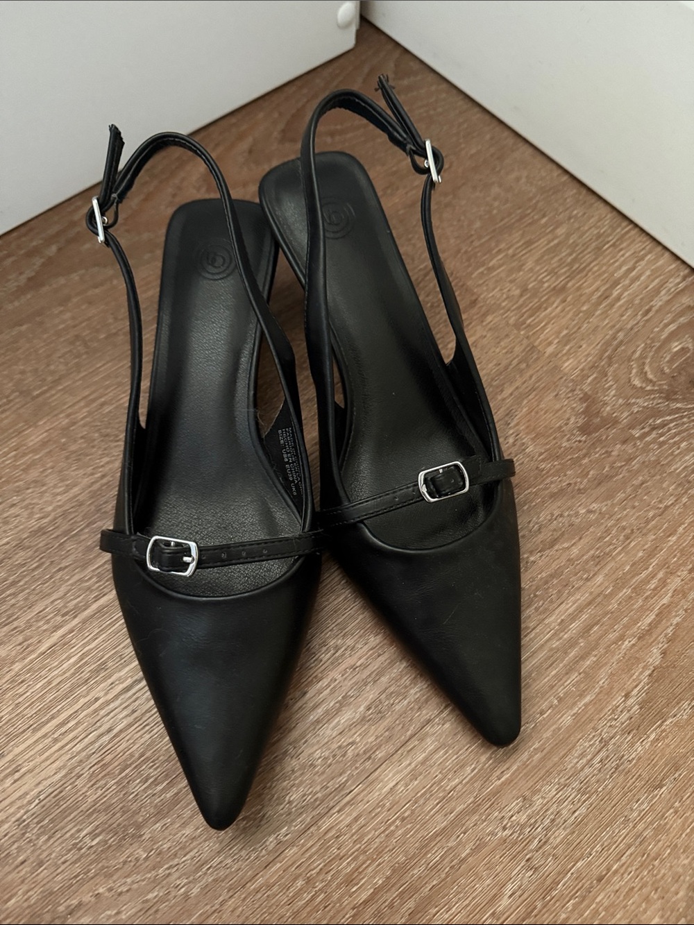 Urban Outfitters Black Pointed Slingback Kitten Heels with Buckle